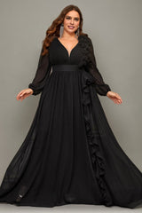 Curveins Plus Size V-Neck Chiffon Maxi Dress with Floral Lantern Sleeves