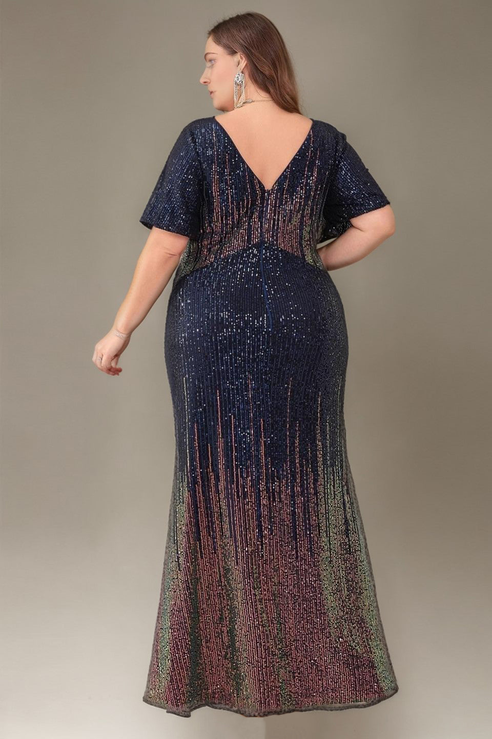 Curveins Plus Size Glam V-Neck Batwing Sleeve Curve-Flattering Sequin Dress