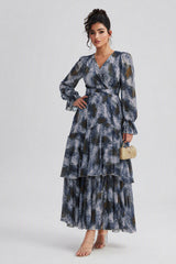 Curveins Plus Size V Neck Lantern Sleeve Cinched Waist Elegant Maxi Dress