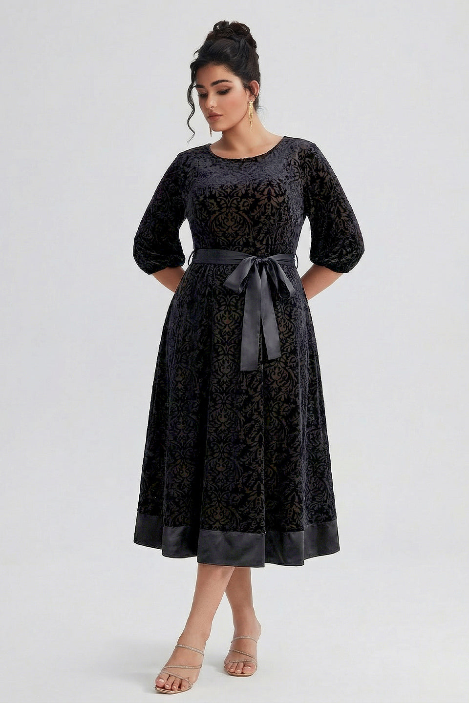 Curveins Plus Size Round Neck Floral Embroidery Belted Velvet Midi Dress