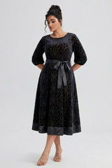 Curveins Plus Size Round Neck Floral Embroidery Belted Velvet Midi Dress