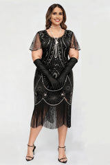 Curveins 1920s Black Daisy Plus Size Vintage Beaded Tassel Flapper Dress