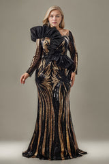 Curveins Plus Size Square Neck Long Sleeve Sequin Bodycon Gold Stripe Maxi Dress