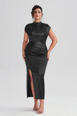 Curveins Plus Size Satin High-Waisted Ruched Slit Maxi Dress