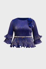 Curveins Plus Size Round Neck Long Sleeve Waist-Cinching Set Midi Dress