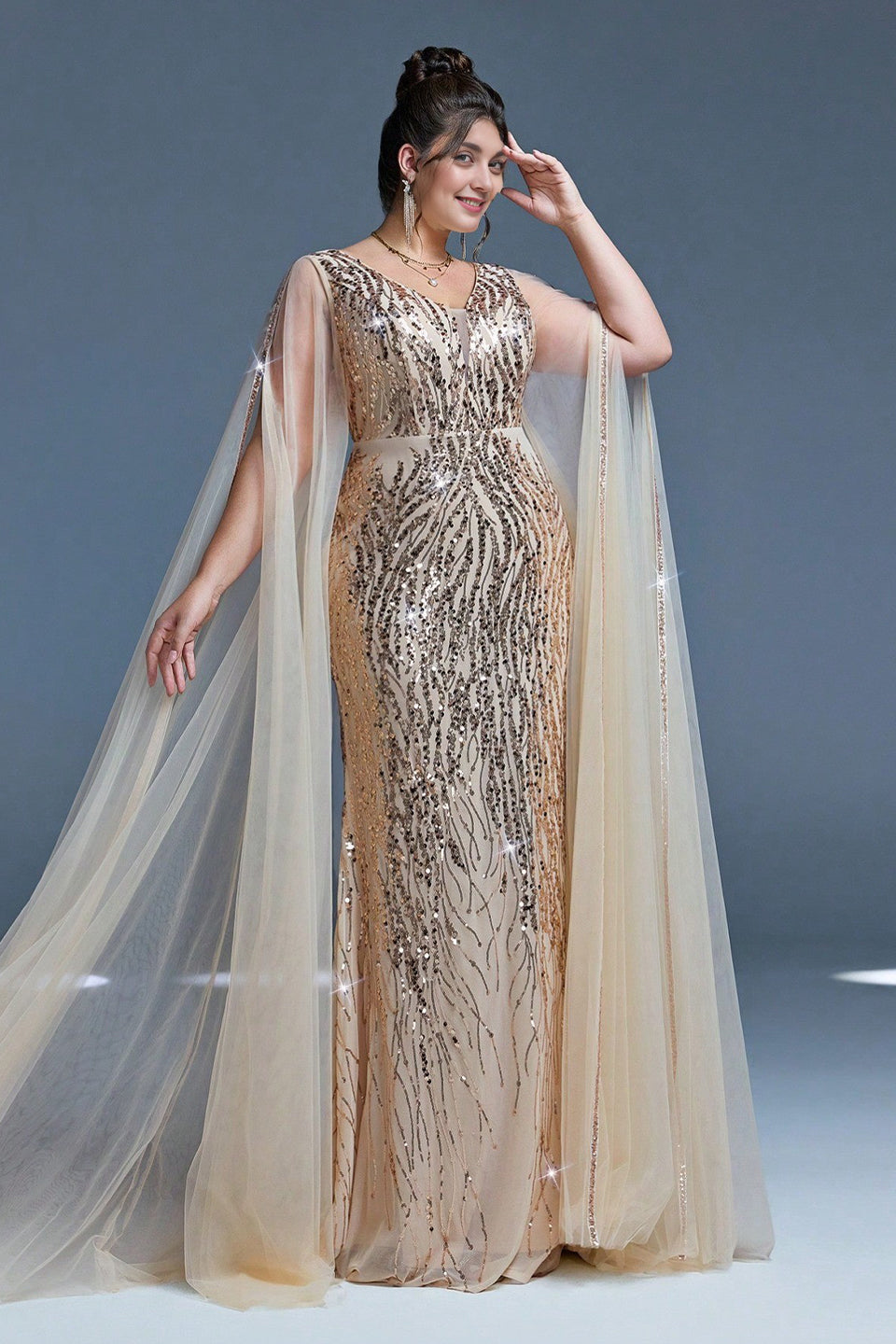 Curveins Plus Size V-Neck Sequin Maxi Dress with Cape Sleeves