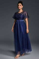 Curveins Plus Size Sheer Round Neck Batwing Sleeve Floral Pattern Waist Cinch Maxi Dress