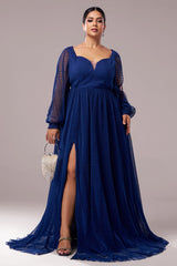 Curveins Plus Size V-Neck Long Sleeve Slit Waist-Defined Maxi Dress