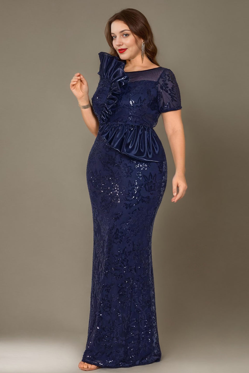 Curveins Plus Size Short Sleeve Bodycon Sequin Floral Pattern Maxi Dress