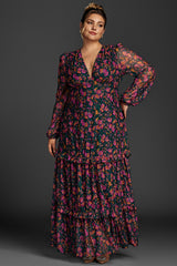 Curveins Plus Size Floral Print Lantern Sleeve Tiered Maxi Dress