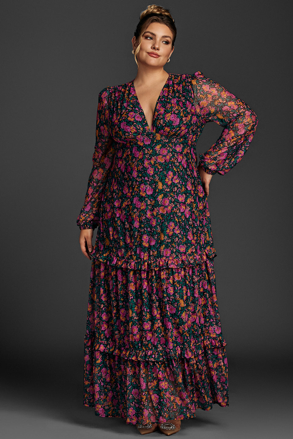 Curveins Plus Size Floral Print Lantern Sleeve Tiered Maxi Dress