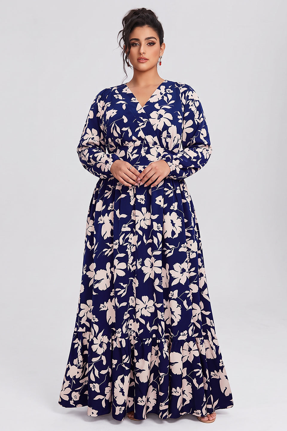 Curveins Plus Size V Neck Long Sleeve Printed Waist Defined Elegant Casual Maxi Dress