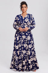 Curveins Plus Size V Neck Long Sleeve Printed Waist Defined Elegant Casual Maxi Dress
