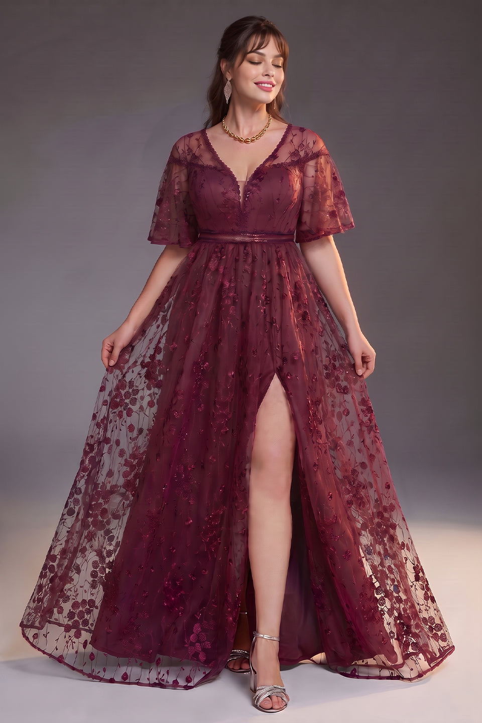 Curveins Plus Size V Neck Batwing Sleeve Floral Print Side Slit Flowy Maxi Dress