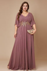 Curveins Plus Size Batwing Sleeve V Neck Gathered Waist Elegant Maxi Dress