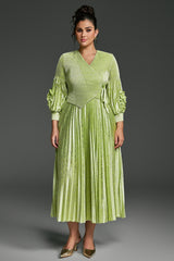 Curveins Plus Size V-Neck Long Sleeve Waist Tie Pleated Maxi Dress