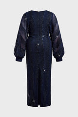 Curveins Plus Size V-Neck Sequin Balloon Sleeve Back-Slit Elegant Evening Maxi Dress