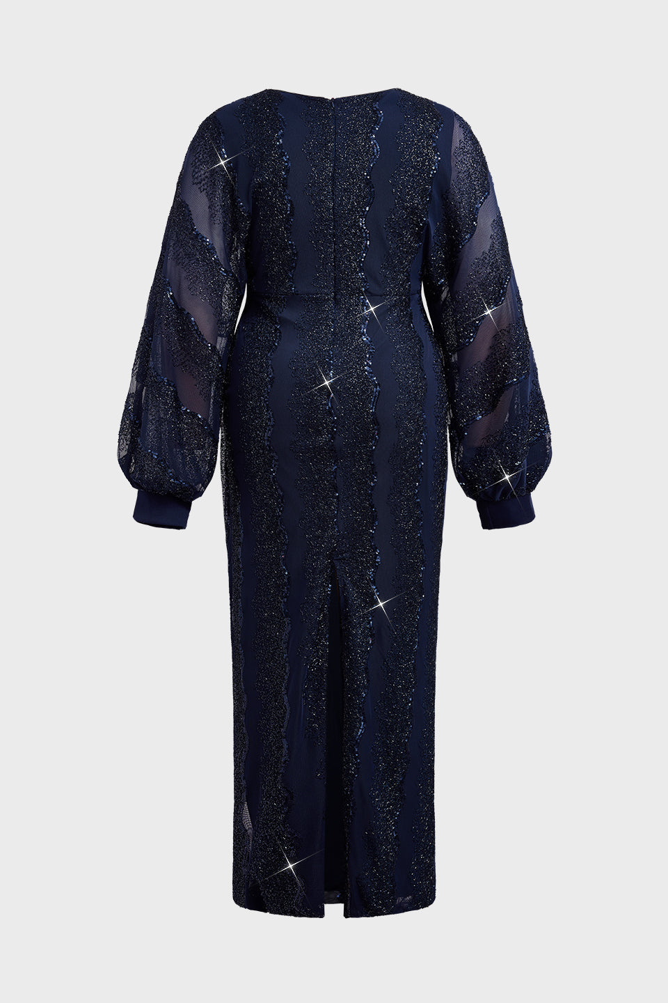 Curveins Plus Size V-Neck Sequin Balloon Sleeve Back-Slit Elegant Evening Maxi Dress