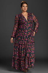 Curveins Plus Size Floral Print Lantern Sleeve Tiered Maxi Dress