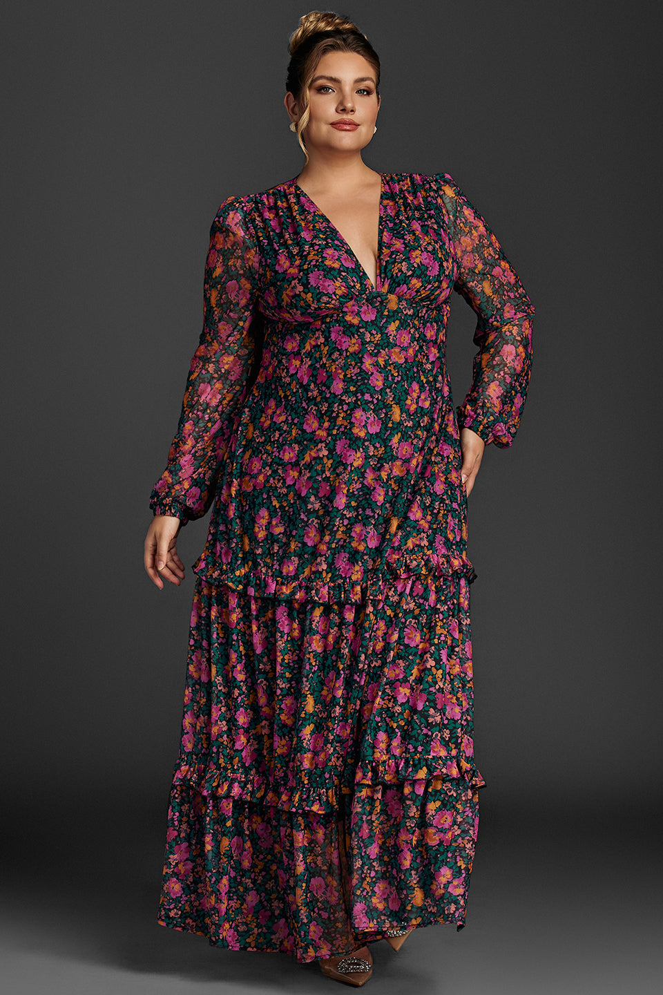 Curveins Plus Size Floral Print Lantern Sleeve Tiered Maxi Dress