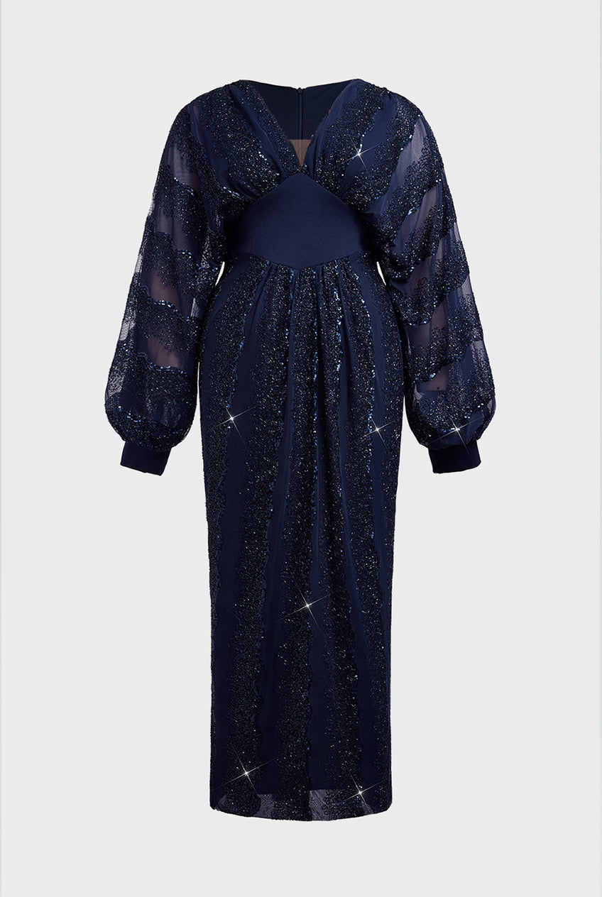 Curveins Plus Size V-Neck Sequin Balloon Sleeve Back-Slit Elegant Evening Maxi Dress