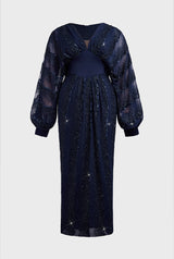 Curveins Plus Size V-Neck Sequin Balloon Sleeve Back-Slit Elegant Evening Maxi Dress