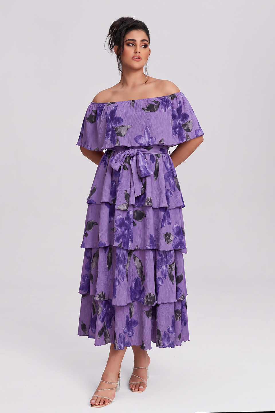 Curveins Plus Size Off-Shoulder Pleated Tiered Floral Maxi Dress