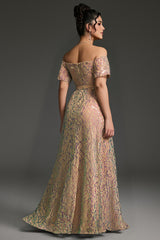 Curveins Plus Size Off-Shoulder Waist Cinched Striped Sequin Maxi Evening Dress