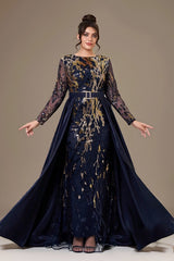 Curveins Elegant Plus Size Sequin Embellished Long Sleeve Cape Overlay Formal Dress