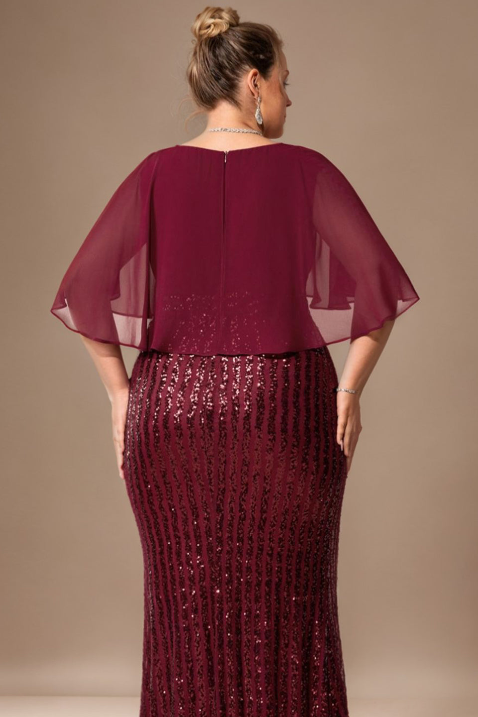 Curveins Elegant Plus Size V-Neck Cape Sleeve Sequin Bodycon Maxi Dress