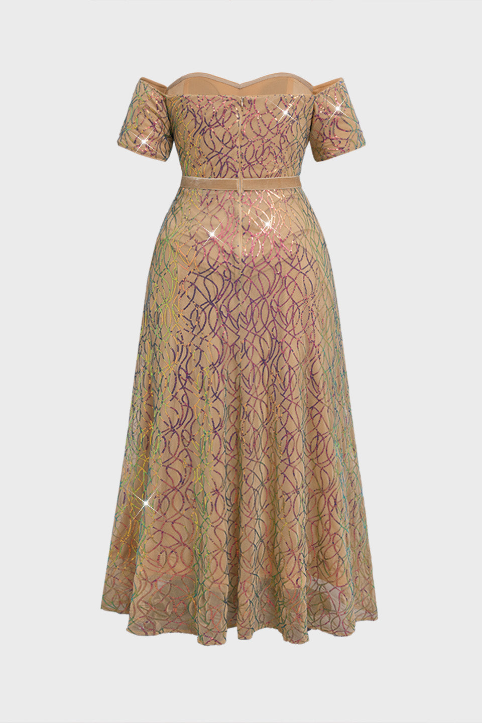 Curveins Plus Size Off-Shoulder Waist Cinched Striped Sequin Maxi Evening Dress