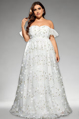 Curveins Plus Size Off-Shoulder Elegant Floral Detail Cinched-Waist Maxi Dress