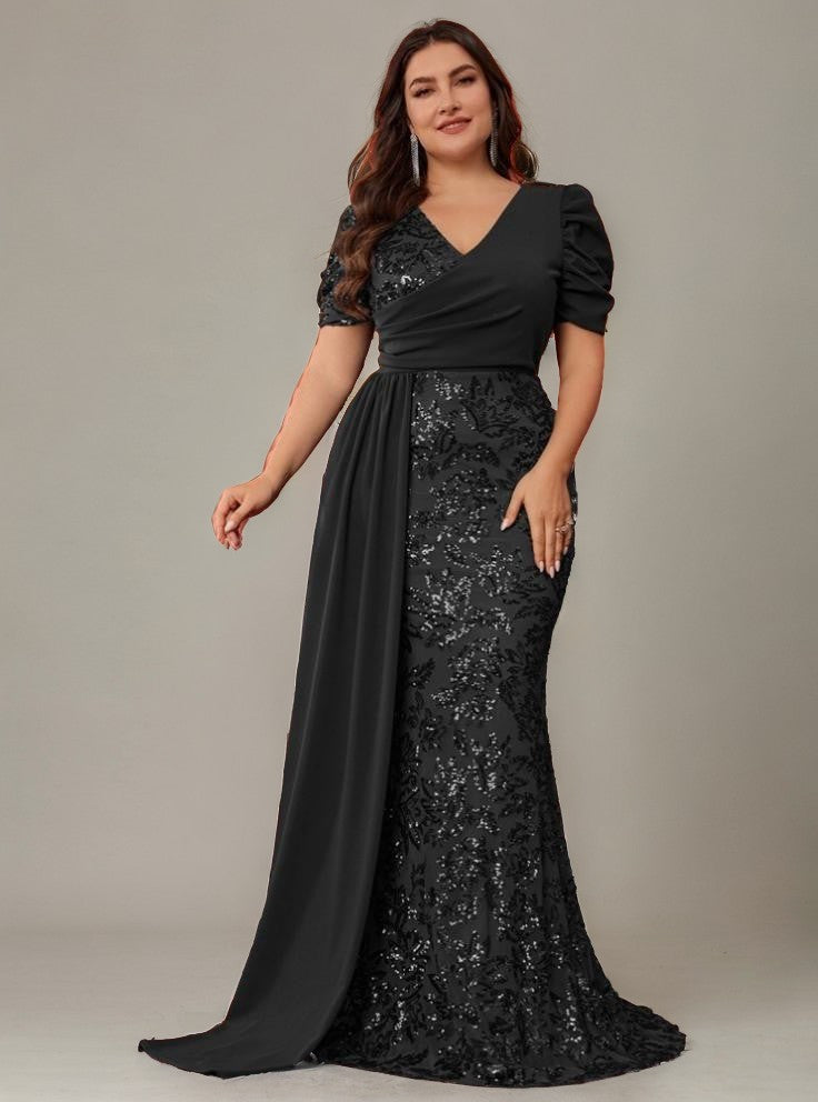 Curveins Plus Size V-Neck Sequin Patchwork Pattern Maxi Dress