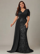Curveins Plus Size V-Neck Sequin Patchwork Pattern Maxi Dress