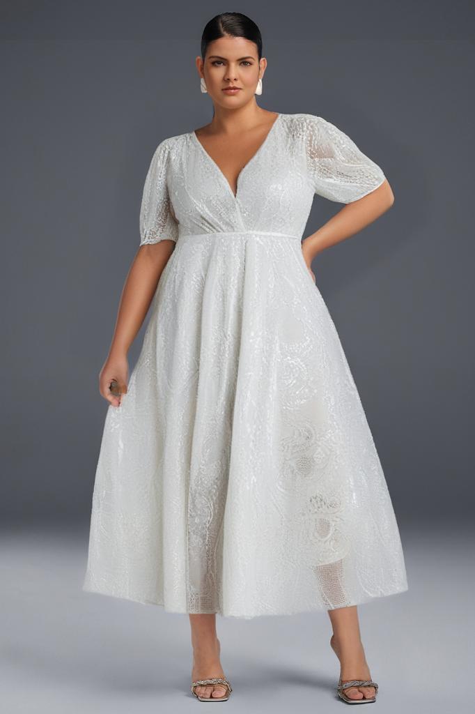 Curveins Plus Size Floral Embroidered V-Neck Ruffle Hem Maxi Dress