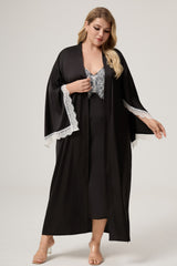 Curveins Plus Size Open-Sleeve Lace Top and Nightwear Set, Comfortable Stylish Lounge Outfit