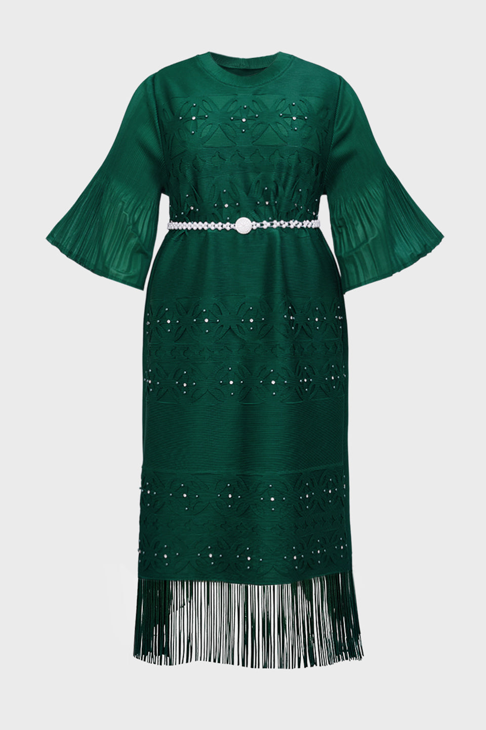 Curveins Plus Size Crew Neck Long Sleeve Stretch Fringe Hem Belted Midi Dress