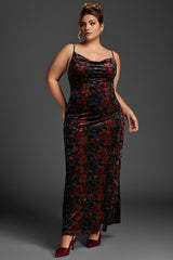 Curveins Plus Size V-Neck Velvet Sleeveless Split Hem Plain Maxi Dress