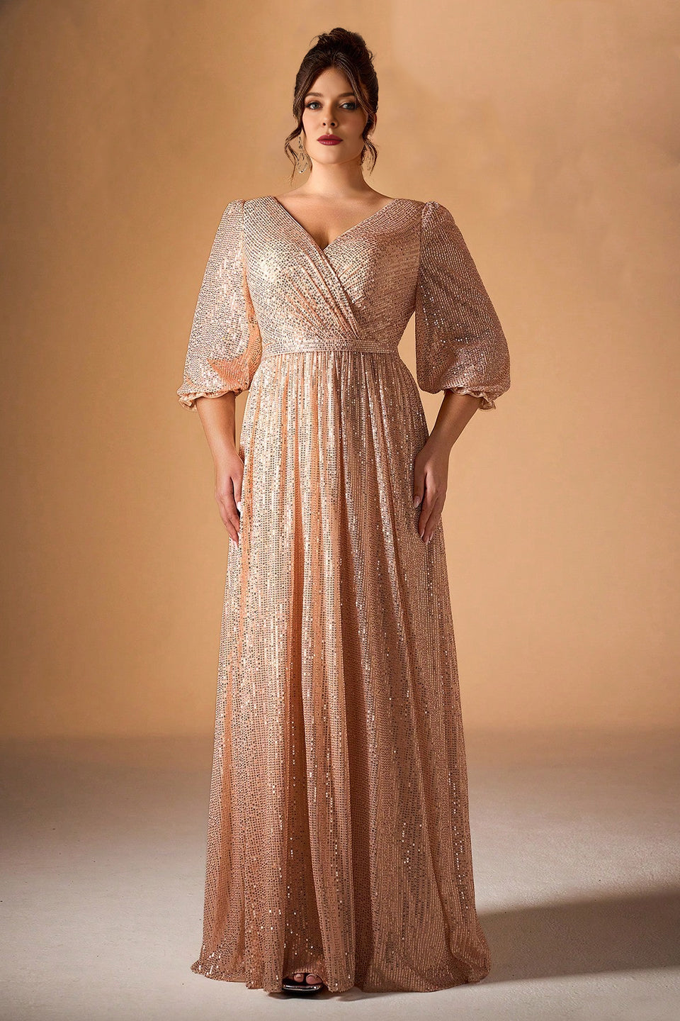 Curveins Plus Size V-Neck Puff Sleeve Sequin Maxi Dress with Cinched Waist