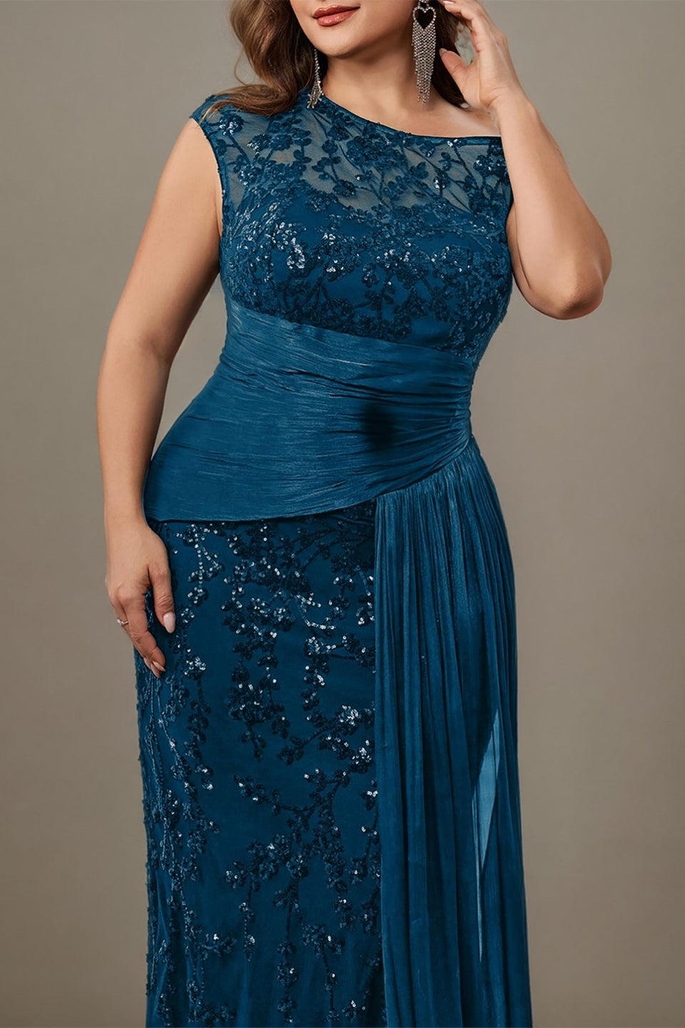 Curveins Plus Size One Shoulder Sleeveless Embroidered Sequin Patchwork Bodycon Maxi Dress