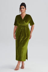 Curveins Plus Size Elegant Velvet V-Neck Shirred Maxi Dress