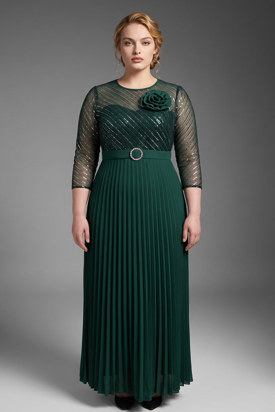 Curveins Plus Size Chic Round Neck Ruched Detail Long Sleeve Maxi Dress