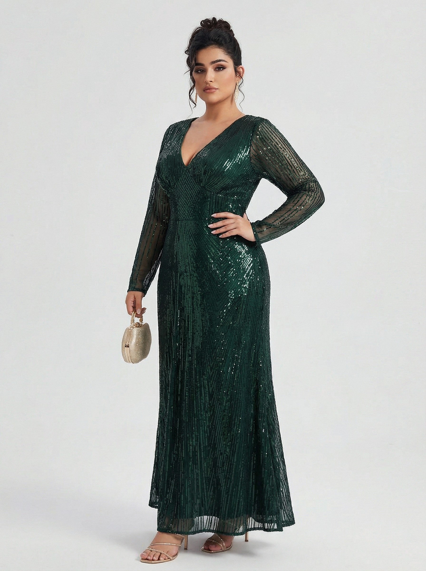 Curveins Plus Size V Neck Long Sleeve Sequin Maxi Dress