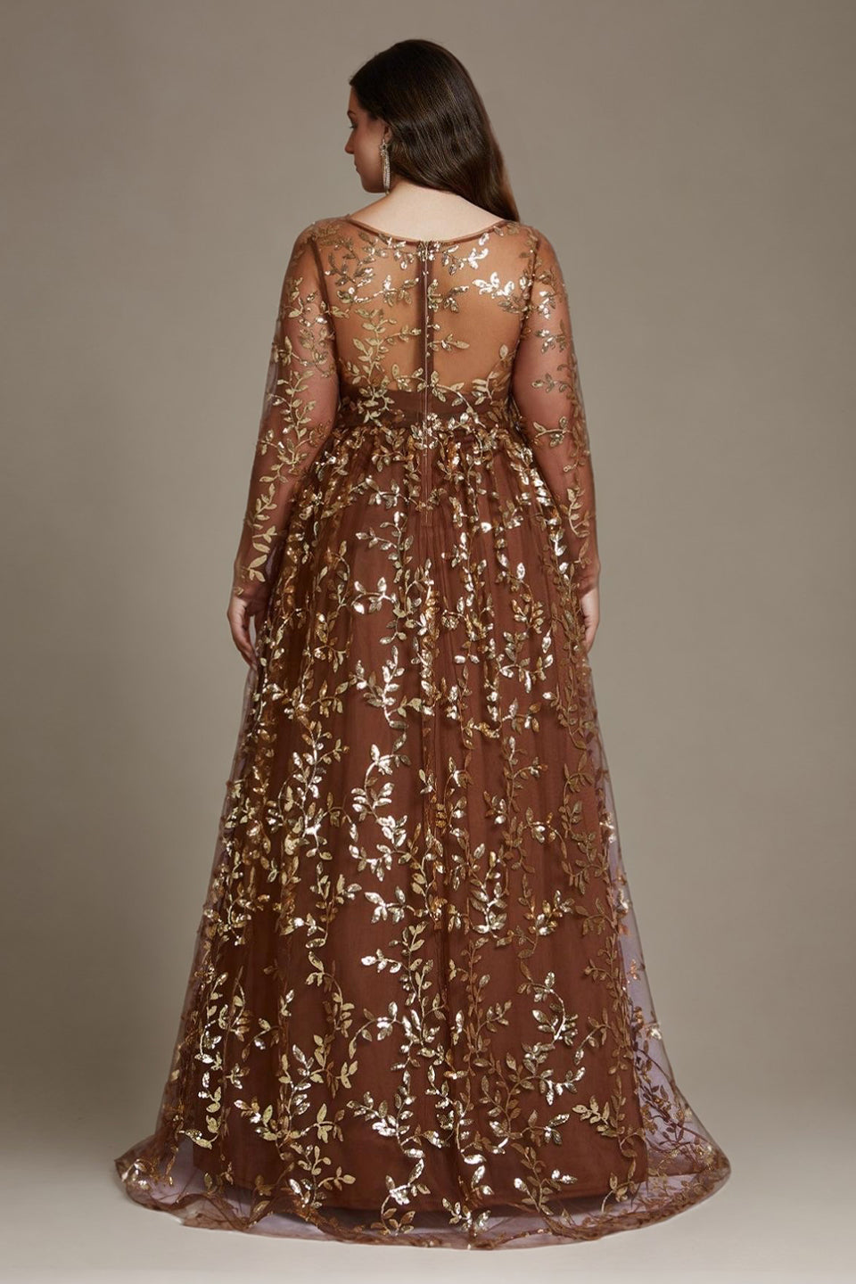 Curveins Plus Size Elegant V-Neck Sequin Floral Long-Sleeve Fitted Maxi Dress