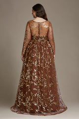 Curveins Plus Size Elegant V-Neck Sequin Floral Long-Sleeve Fitted Maxi Dress