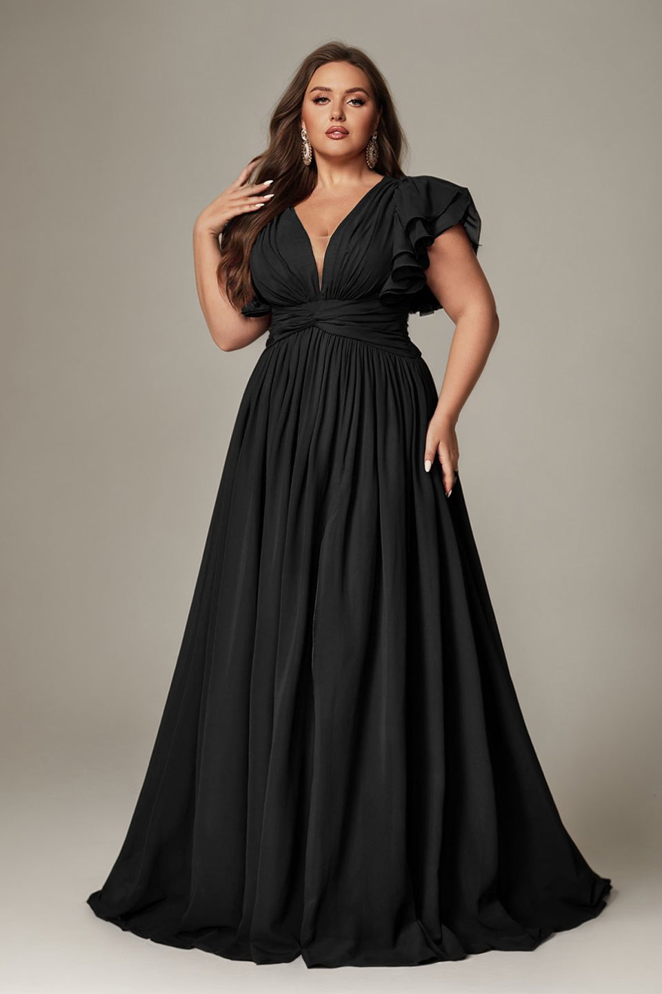 Curveins Plus Size V-Neck Ruffle Sleeve Split A-Line Maxi Dress