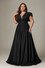Curveins Plus Size V-Neck Ruffle Sleeve Split A-Line Maxi Dress