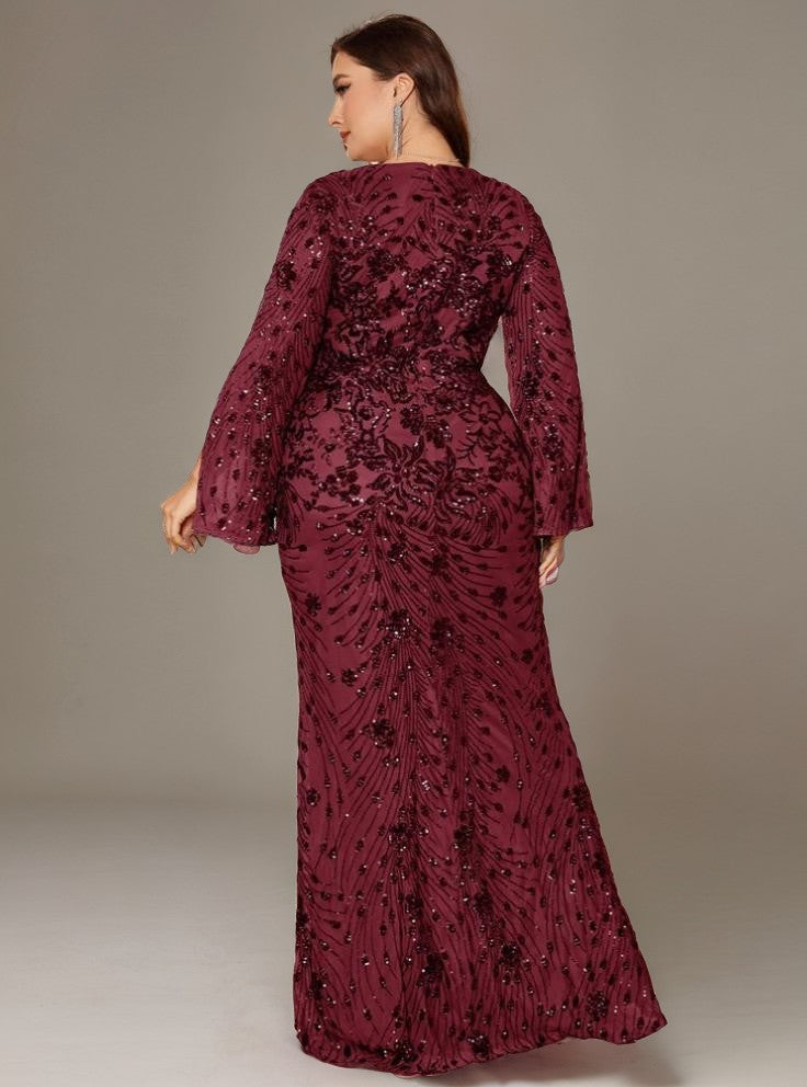 Curveins Plus Size V-Neck Long Sleeves Sequin Floral Bodycon Maxi Dress