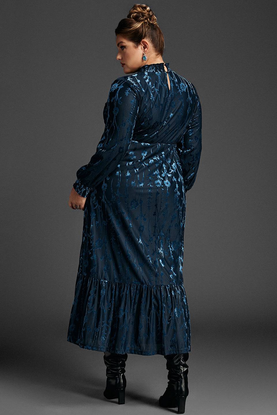 Curveins Plus Size Navy Blue Floral Velvet Maxi Dress