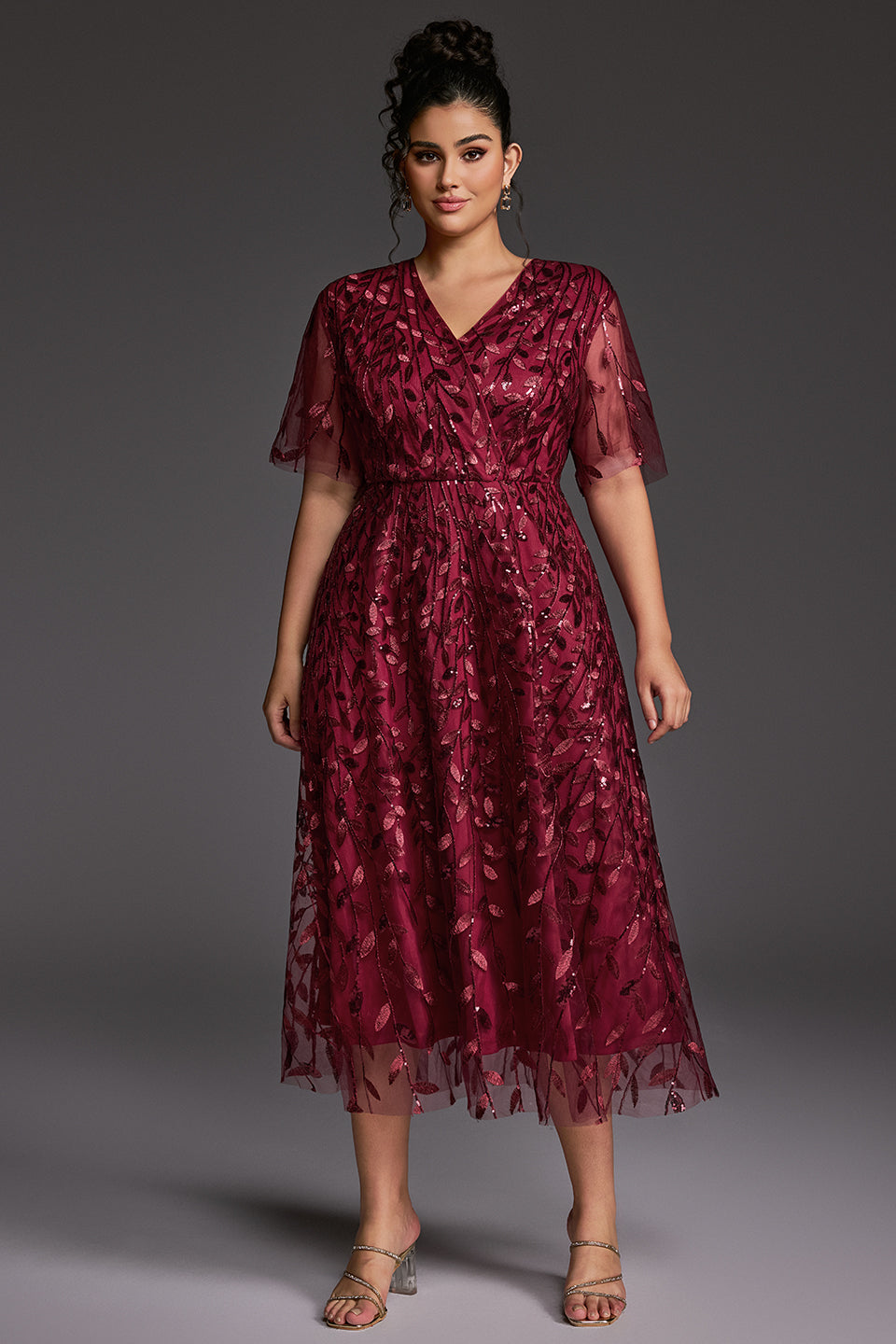 Curveins Plus Size V-Neck Ruffle Sleeve Embroidered Maxi Dress